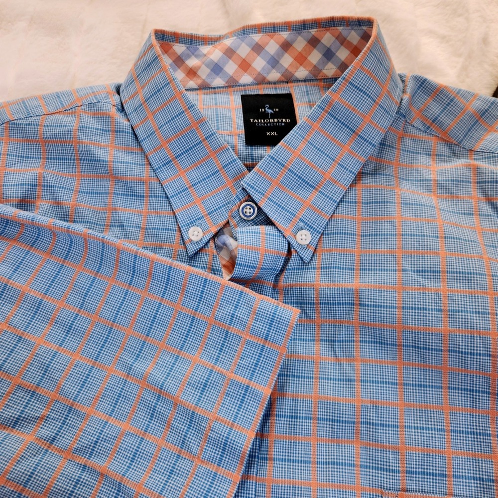 Tailorbyrd Collection Mens XXL Blue Orange Plaid Short‎ Sleeve Button Down Shirt